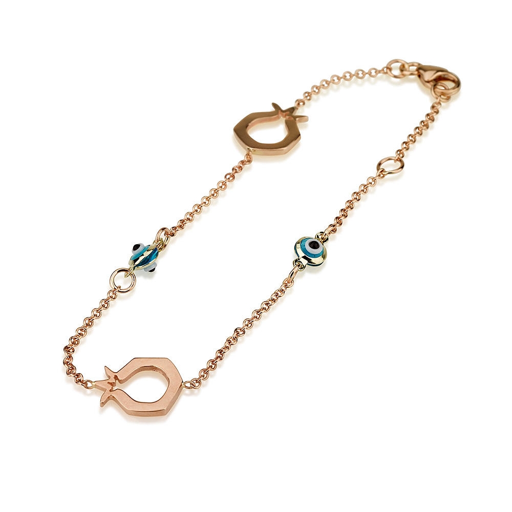 14K Yellow Gold Bracelet with Eye and Pomegranate Charms - 1