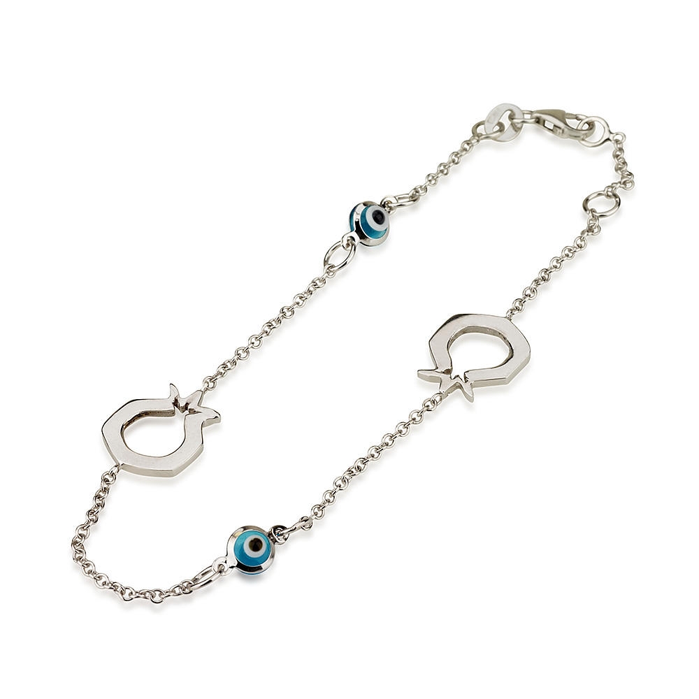 14K White Gold Bracelet with Pomegranate and Eye Charms - 1