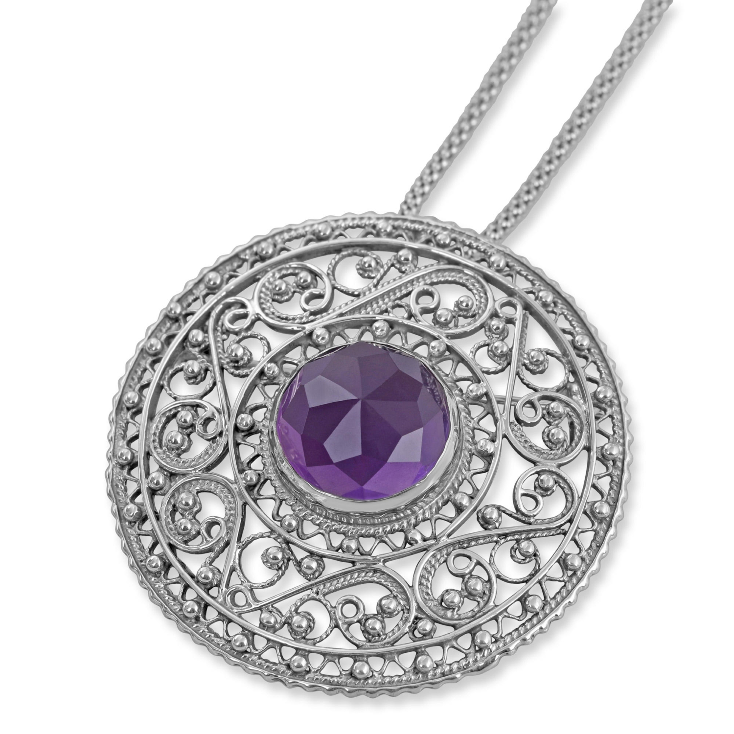 Sterling Silver Filigree Circle Necklace with Amethyst - 1