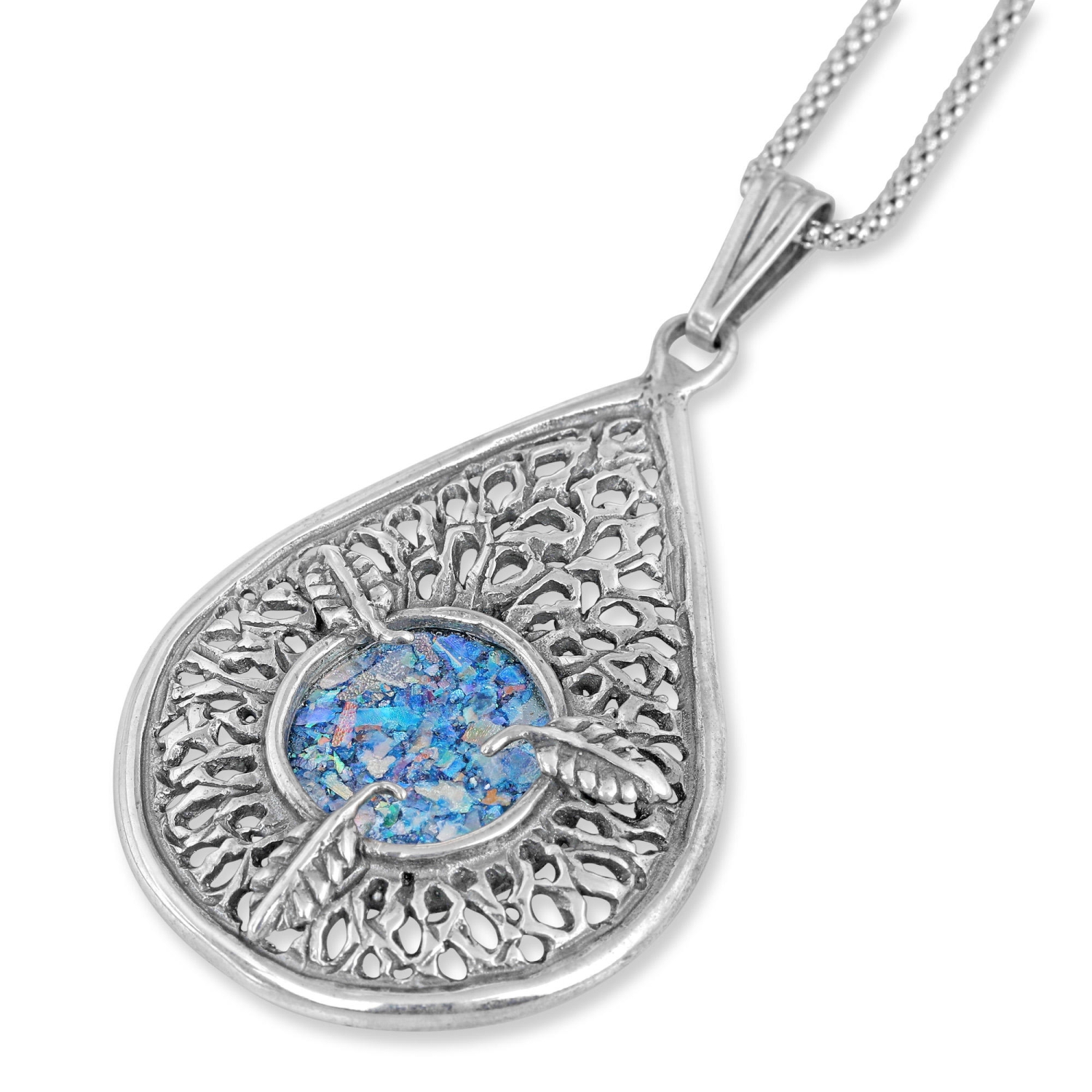 Sterling Silver and Roman Glass Teardrop Filigree Necklace with Leaf  Design - 1