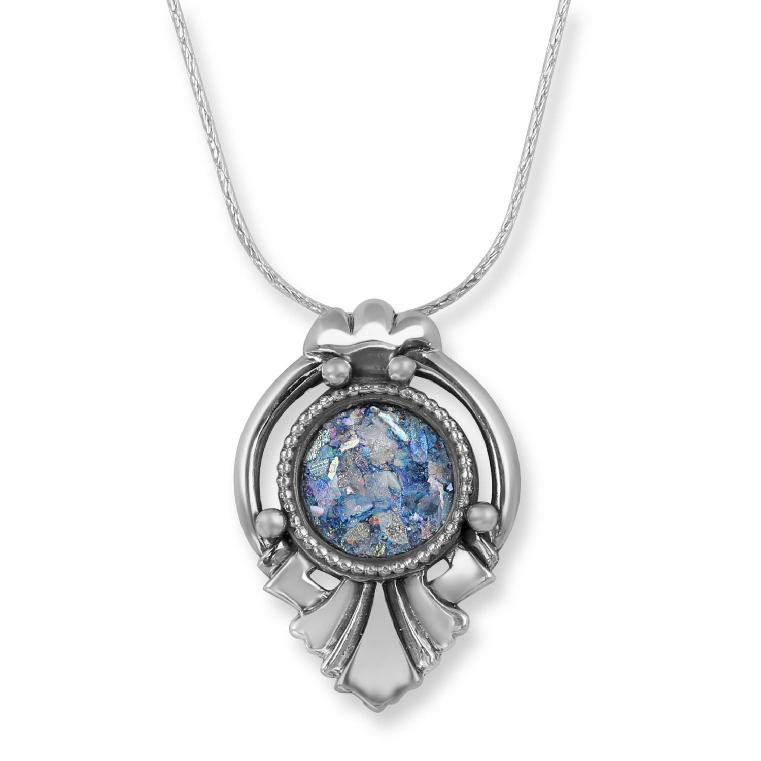 Sterling Silver and Roman Glass Abstract Inverted Pomegranate Necklace  - 1