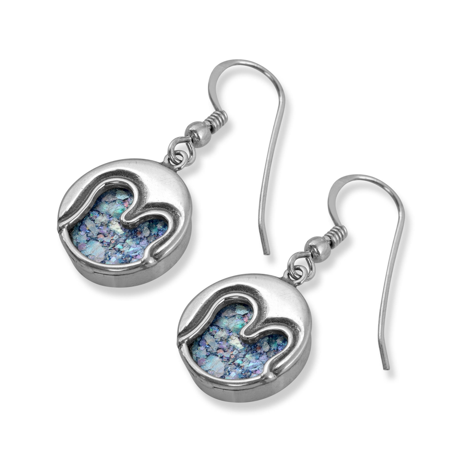Sterling Silver and Roman Glass Abstract Waves Circle Earrings - 1