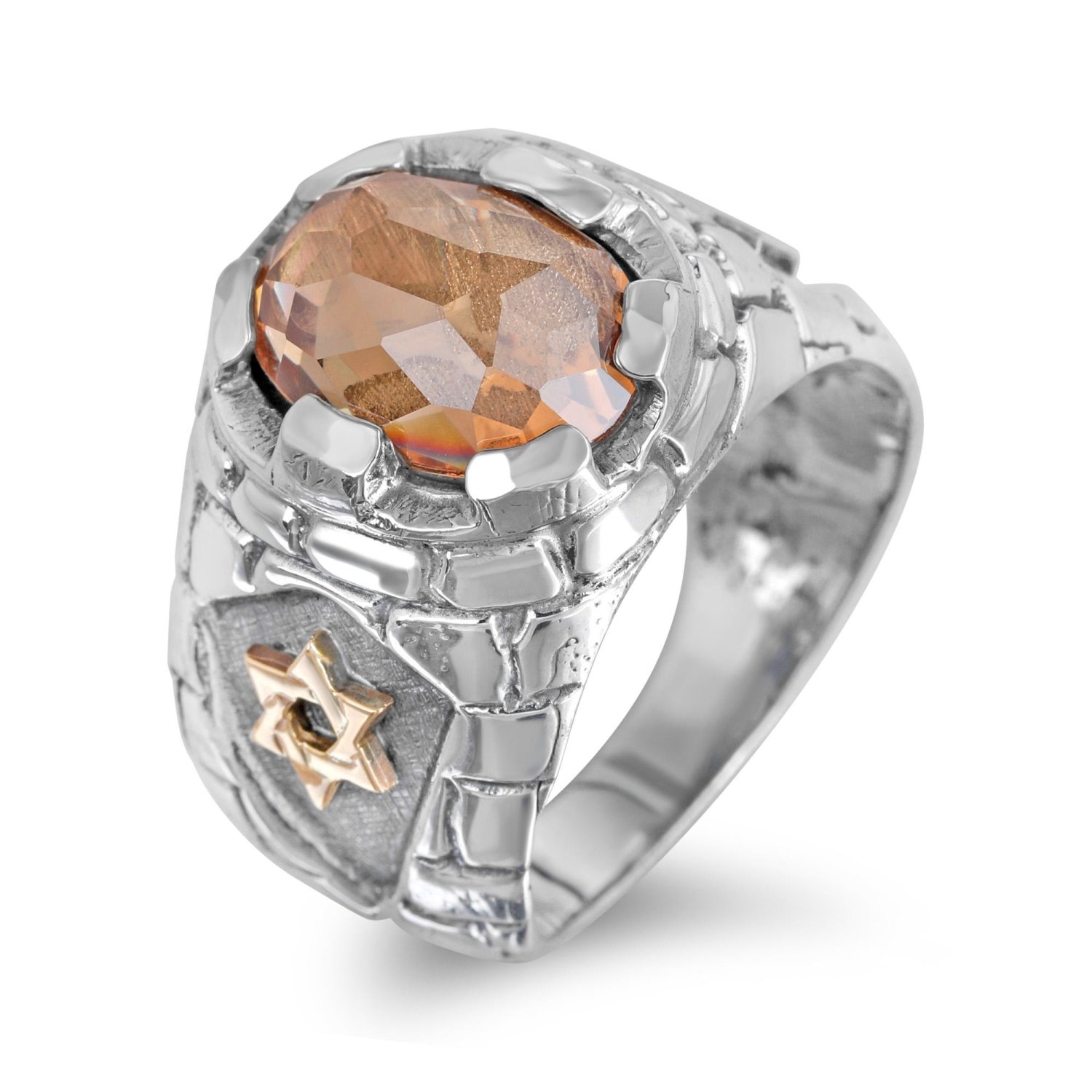 Sterling Silver and 9k Gold Western Wall and Star of David Ring with Citrine Stone - 2