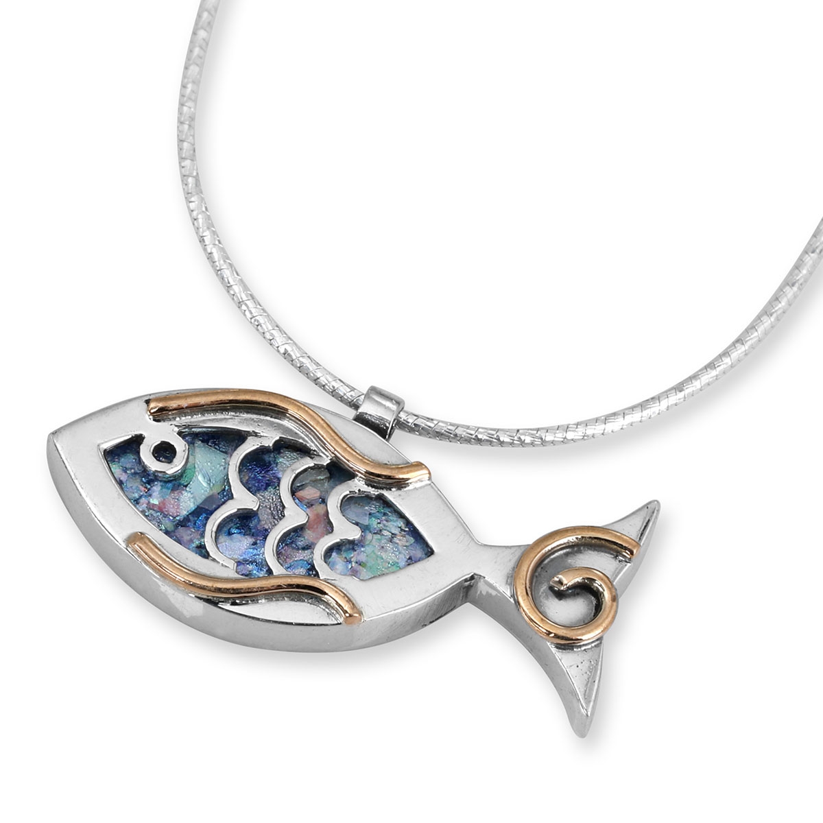 Roman Glass, Sterling Silver and Gold Filled Fish Necklace - 1