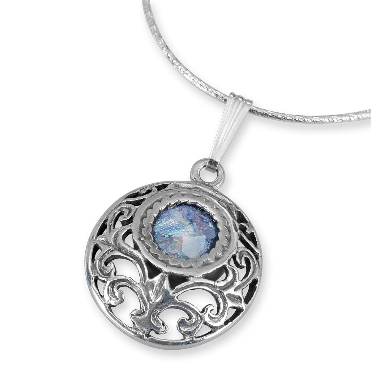 Rafael Jewelry Sterling Silver and Roman Glass Foliate Filigree Dome Necklace  - 2