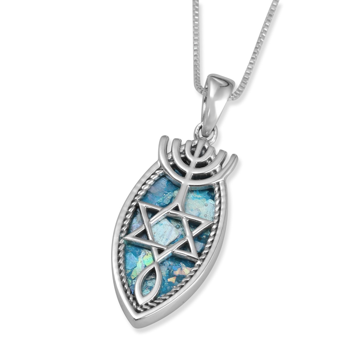 Marquise Sterling Silver and Roman Glass Grafted-In Messianic Seal Necklace - 1