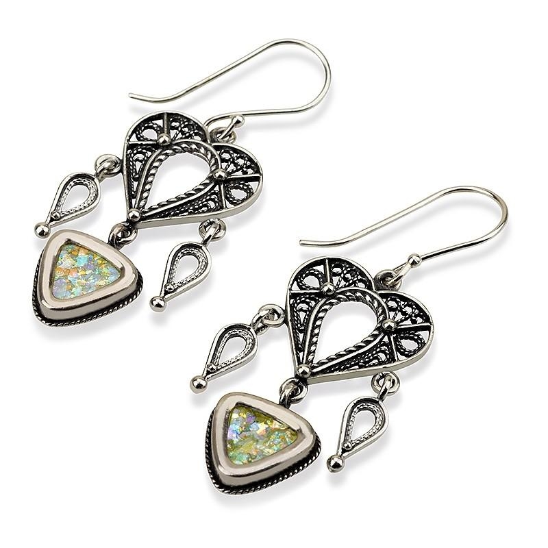 Roman Glass and Sterling Silver Heart Earrings - 1