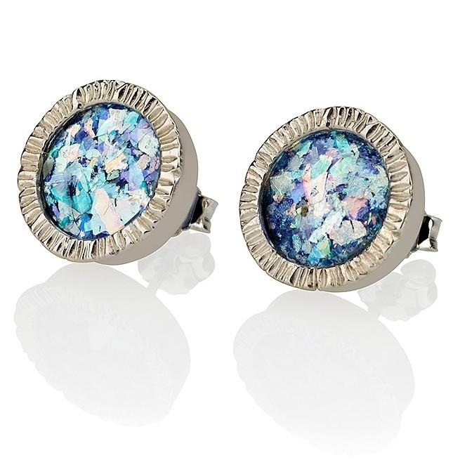 Roman Glass and Sterling Silver Textured Circle Stud Earrings - 1