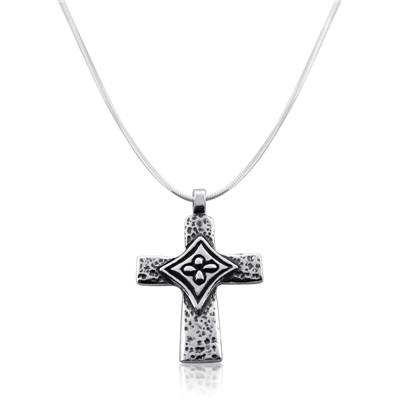 Sterling Silver Roman Cross with Flower Pendant - 1