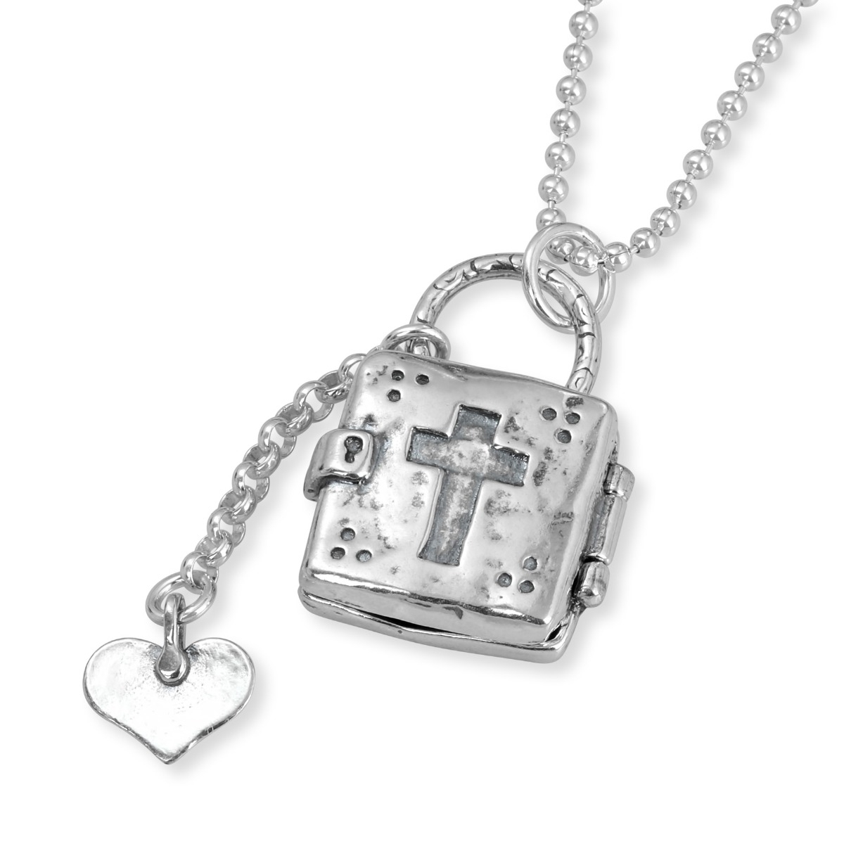 925 Sterling Silver Roman Cross Padlock Locket Necklace with Floating Heart Charm - 1