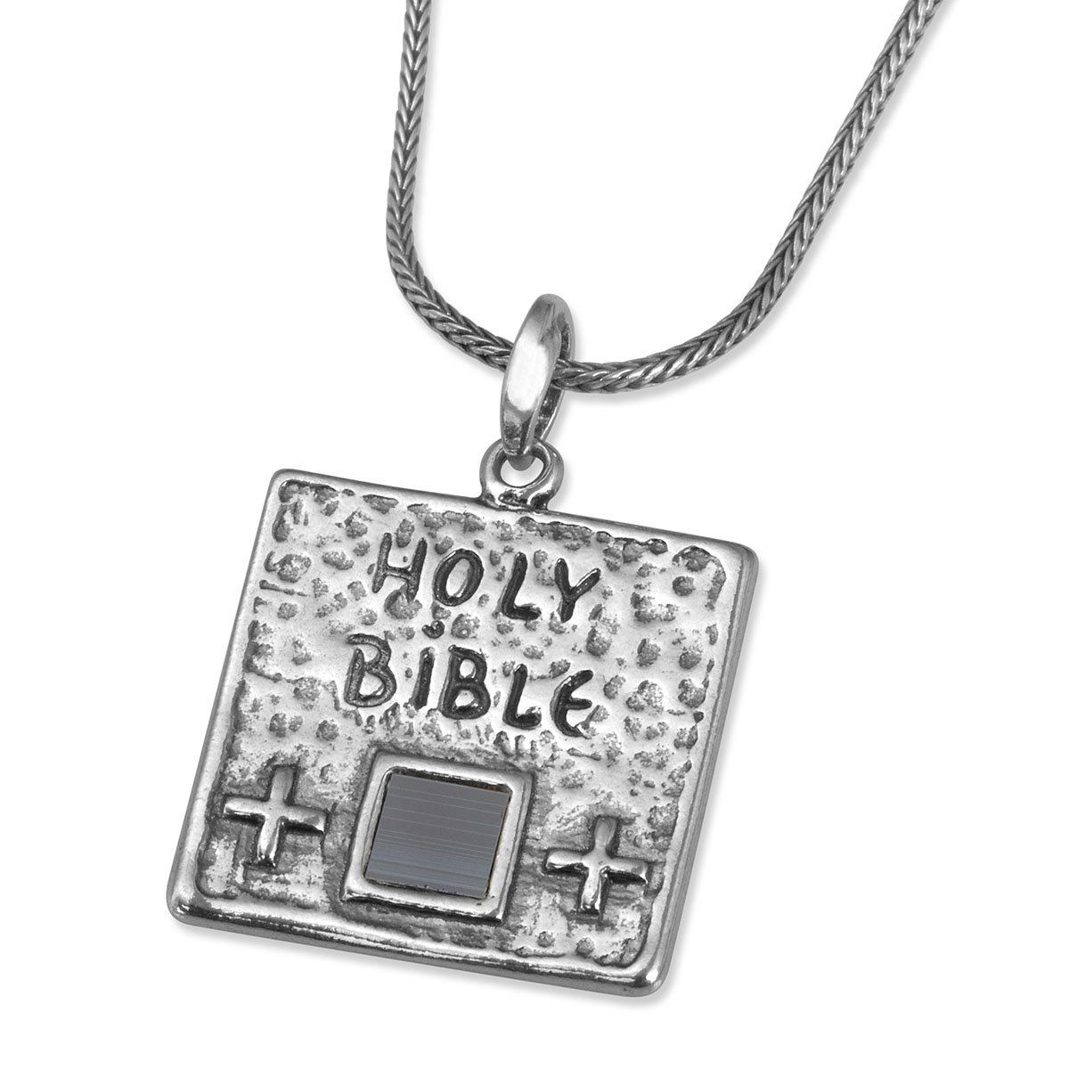 Sterling Silver Square Necklace with Greek Cross and Microfilm Bible - 1