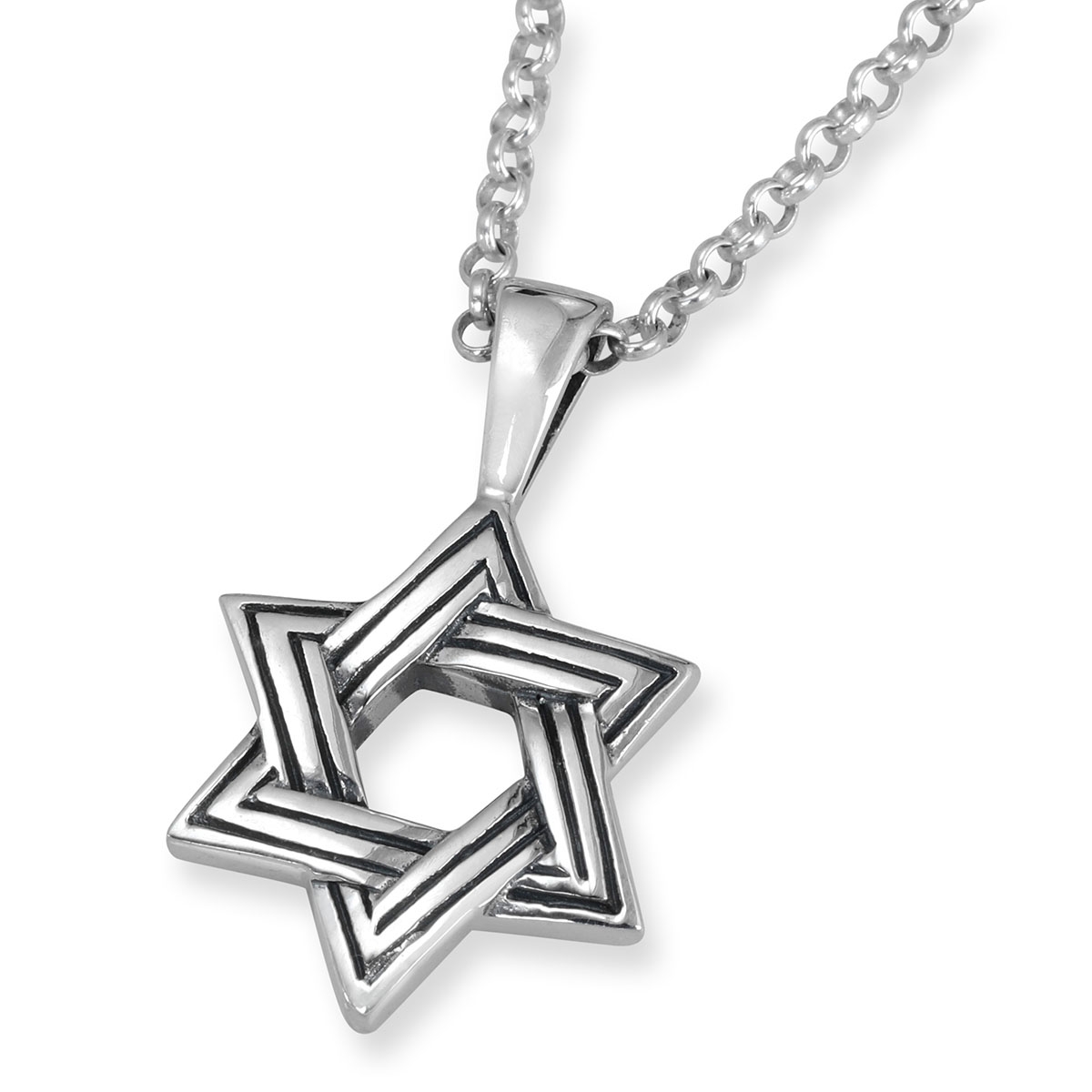 Sterling Silver Star of David Necklace With Line Pattern - 1