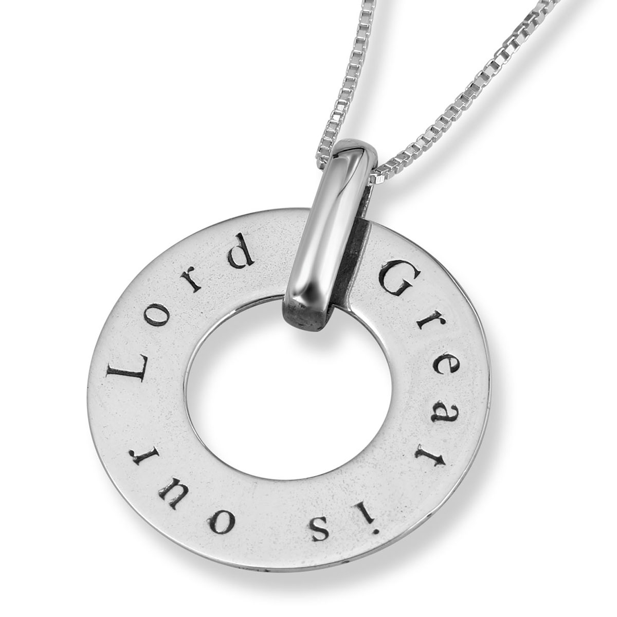Sterling Silver Disk Necklace with “Great is Our Lord” Inscription-Psalm 147:5 - 1
