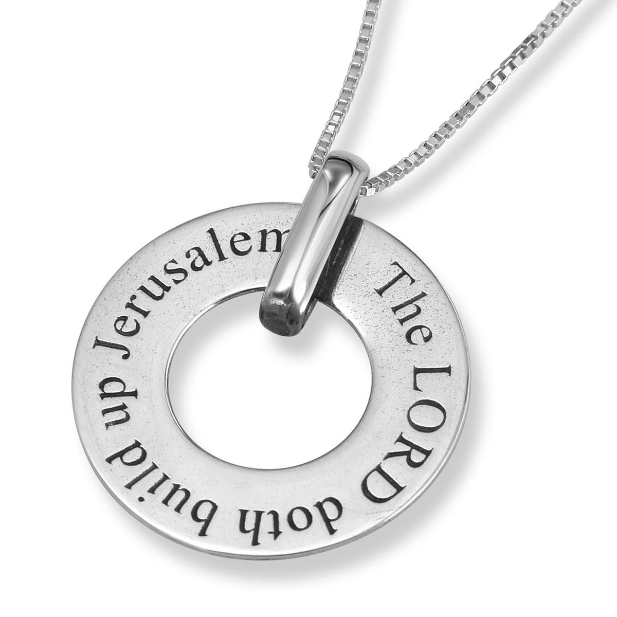 Sterling Silver Disk Necklace with “Build Up Jerusalem” Inscription-Psalm 147:2 - 1
