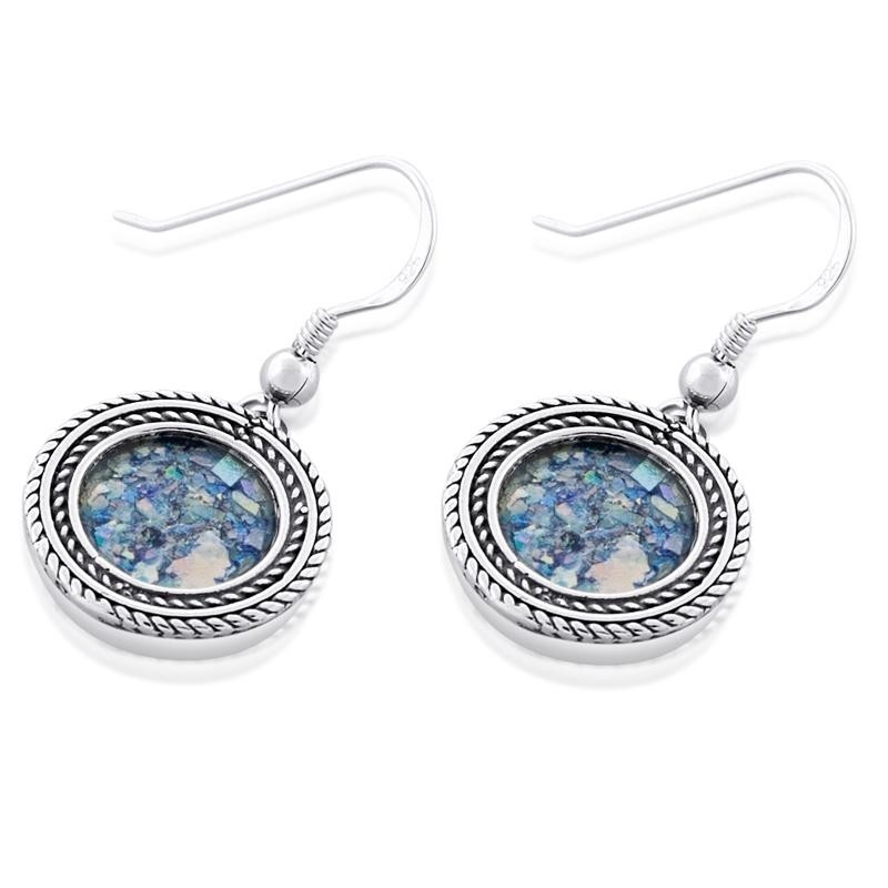Sterling Silver and Roman Glass Rows of Filigree Circle Hanging Earrings - 1