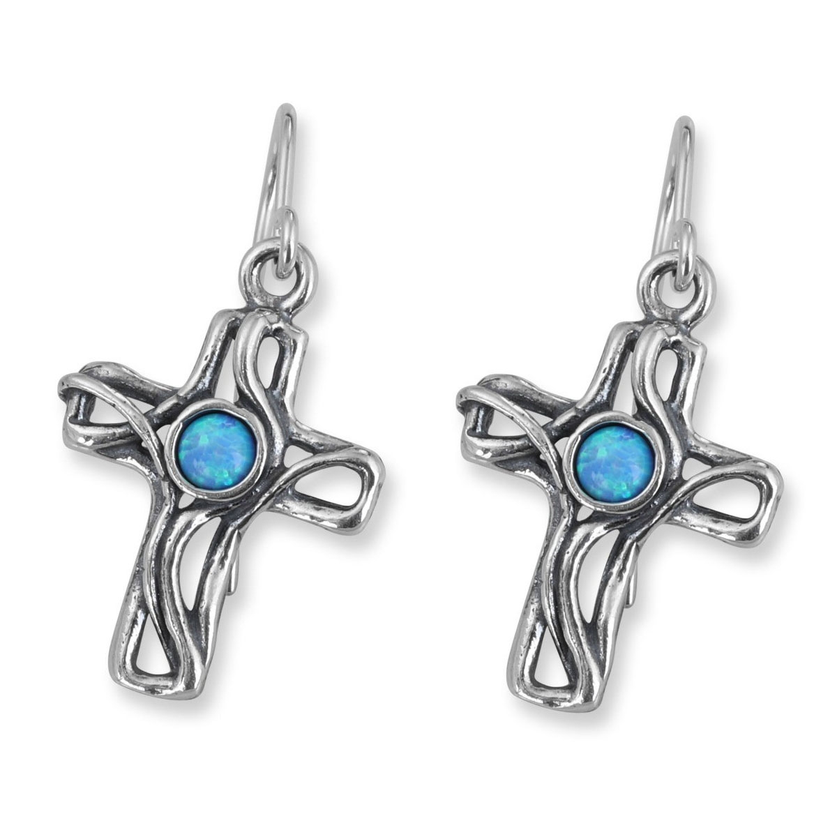 925 Sterling Silver Vines and Opal Celtic Cross Hanging Earrings - 1