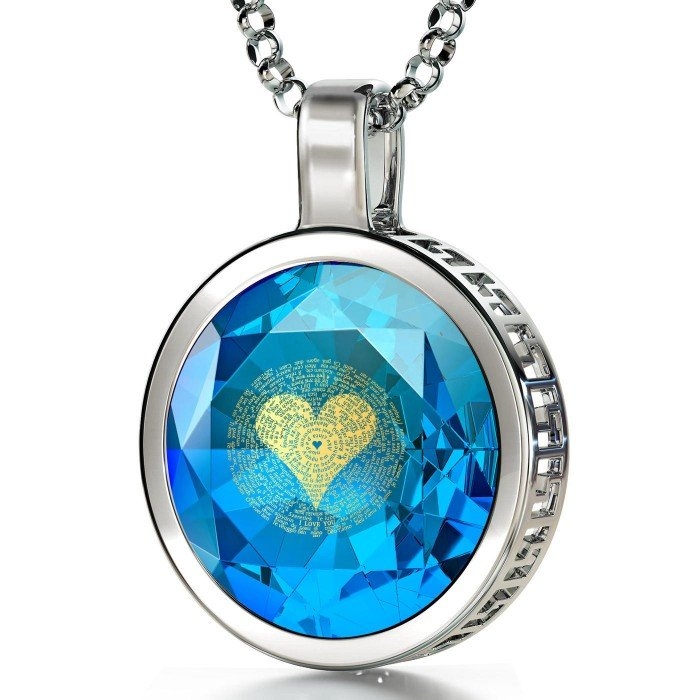 Sterling Silver and Large Cubic Zirconia Necklace with 24K Gold Heart and "I Love You" Micro-Inscribed in 120 Languages - 1
