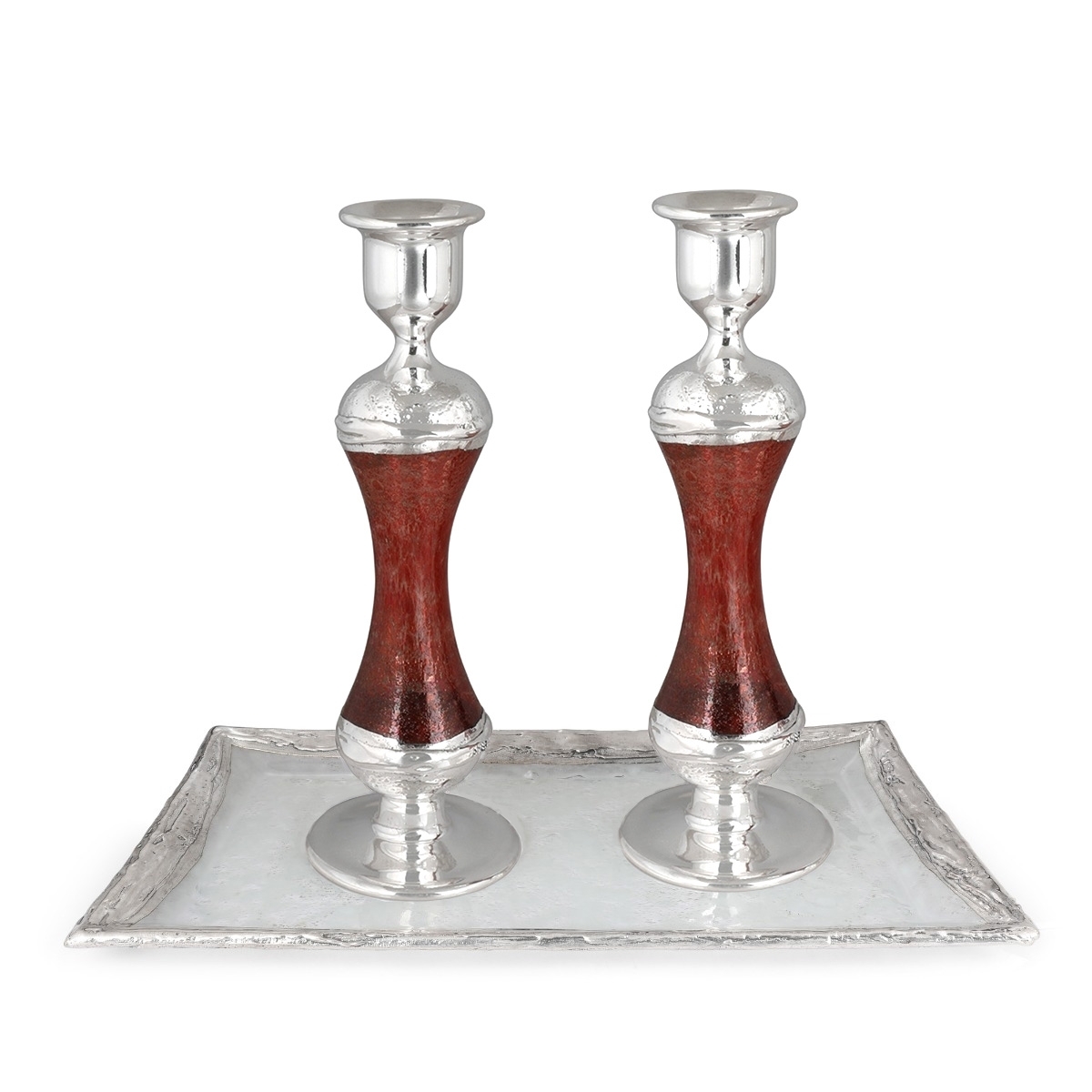 Tall Handcrafted Sterling Silver-Plated Red Glass Sabbath Candlesticks - 1