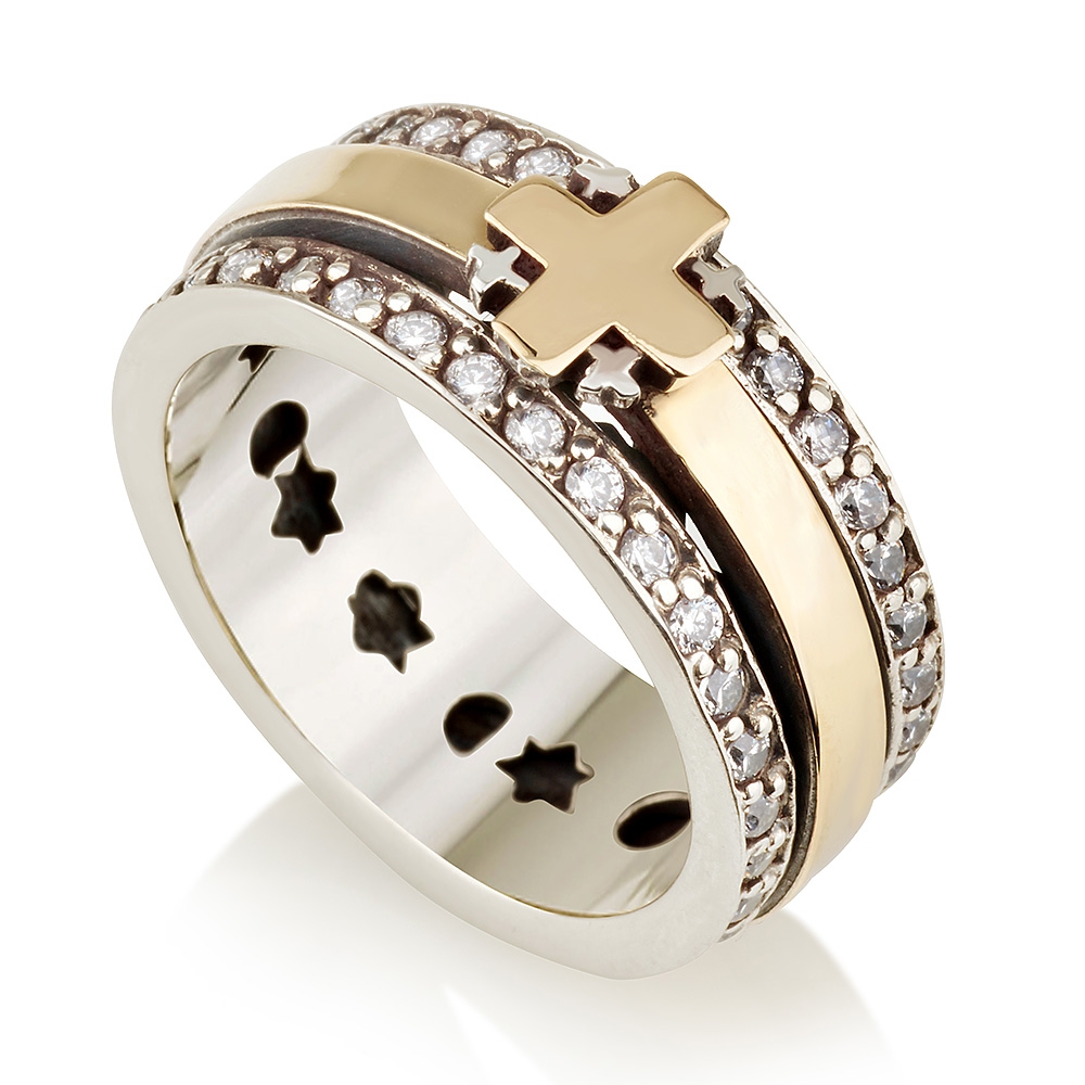 Emuna Studio Sterling Silver and 9K Gold Wide Jerusalem Cross Spinner Ring with CZ Borders - 1
