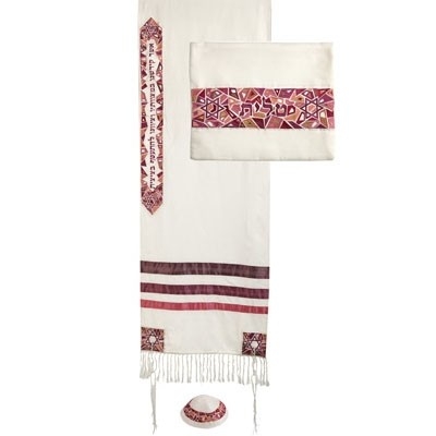 Yair Emanuel Star of David Embroidered Cotton Prayer Shawl - Maroon - 1