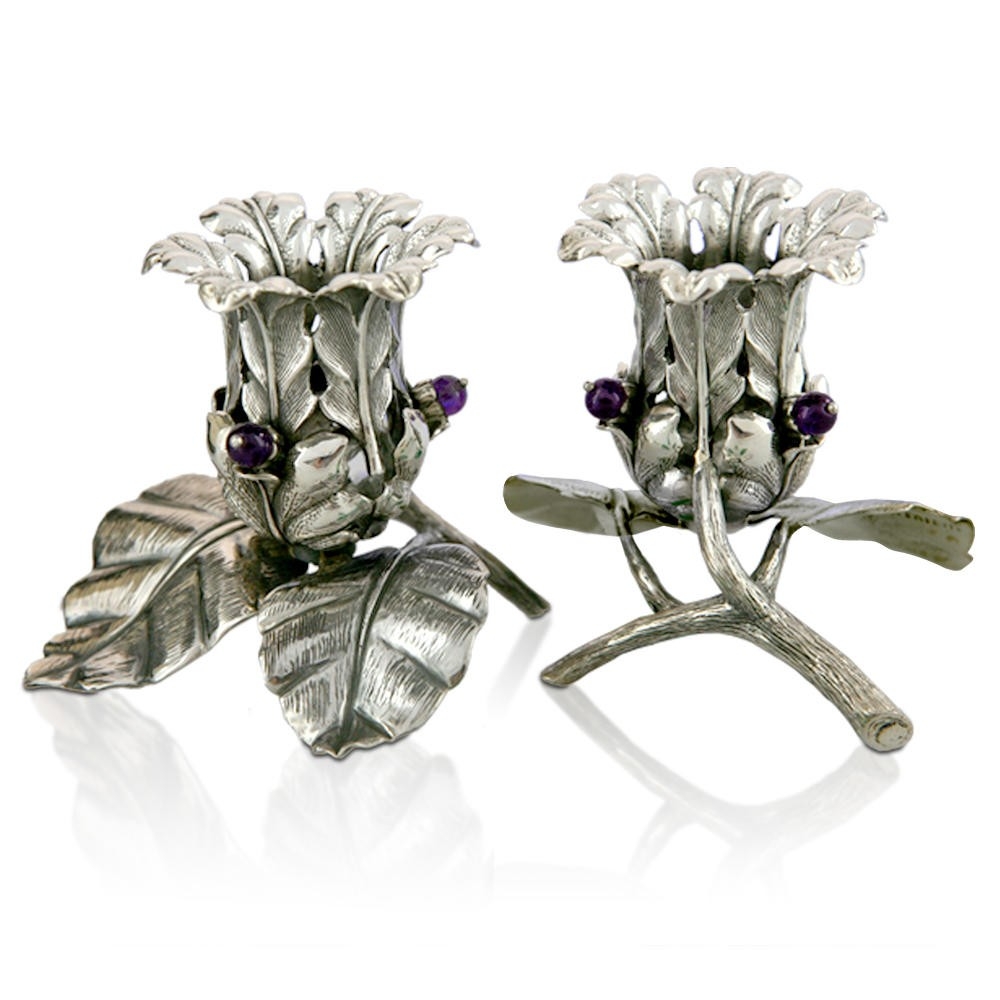 Sterling Silver Flower Candlesticks with Amethyst Stones - 1