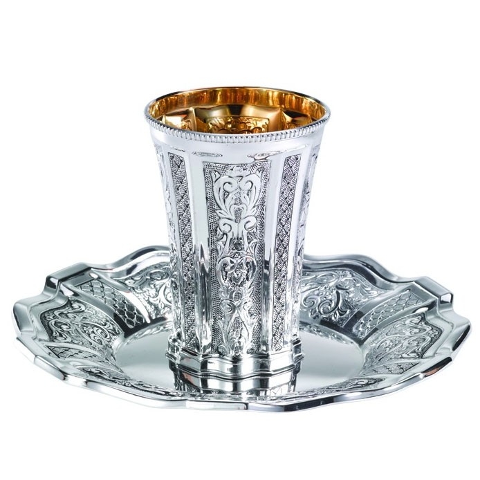 Sterling Silver Italy Damask Kiddush Cup Set - 1