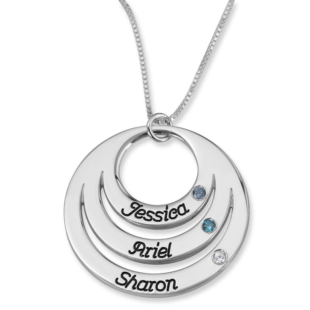 Sterling Silver Open Disk Mom Name Necklace With Birthstones (Hebrew/English) - 1