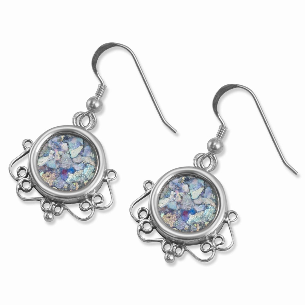 Sterling Silver Flowing Border Earrings with Roman Glass - 1