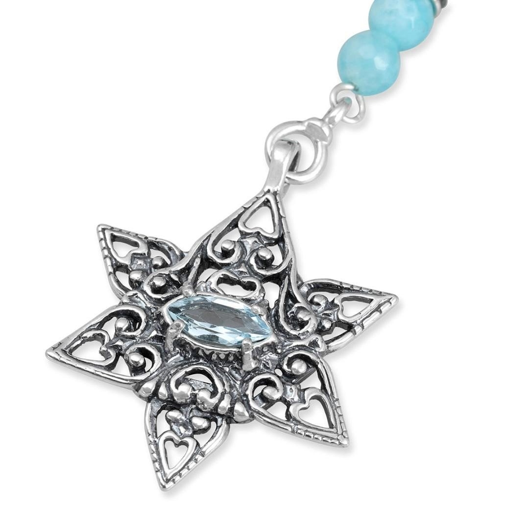 Sterling Silver Star of David and Love Hearts Necklace With Blue Jade and Natural Topaz Stone - 1