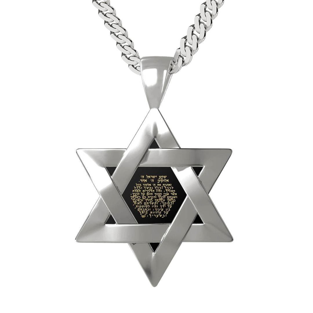 Sterling Silver Star of David Necklace with Onyx Stone Micro-Inscribed with Shema Yisrael - Deuteronomy 6:4-9 - 1