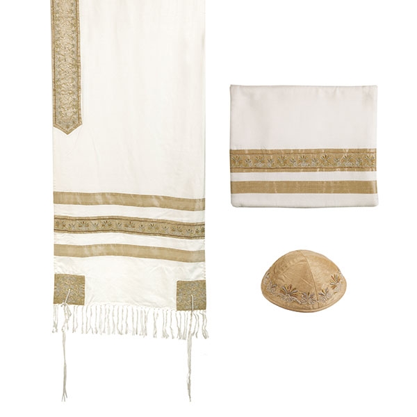 Yair Emanuel Embroidered Striped Tallit Prayer Shawl Set (Gold) - 1