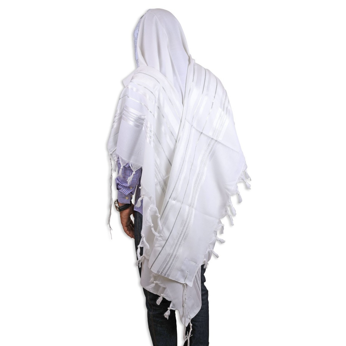 Talitnia Gilboa Pure Wool Traditional Non-Slip Tallit Prayer Shawl (White and Silver) - 1