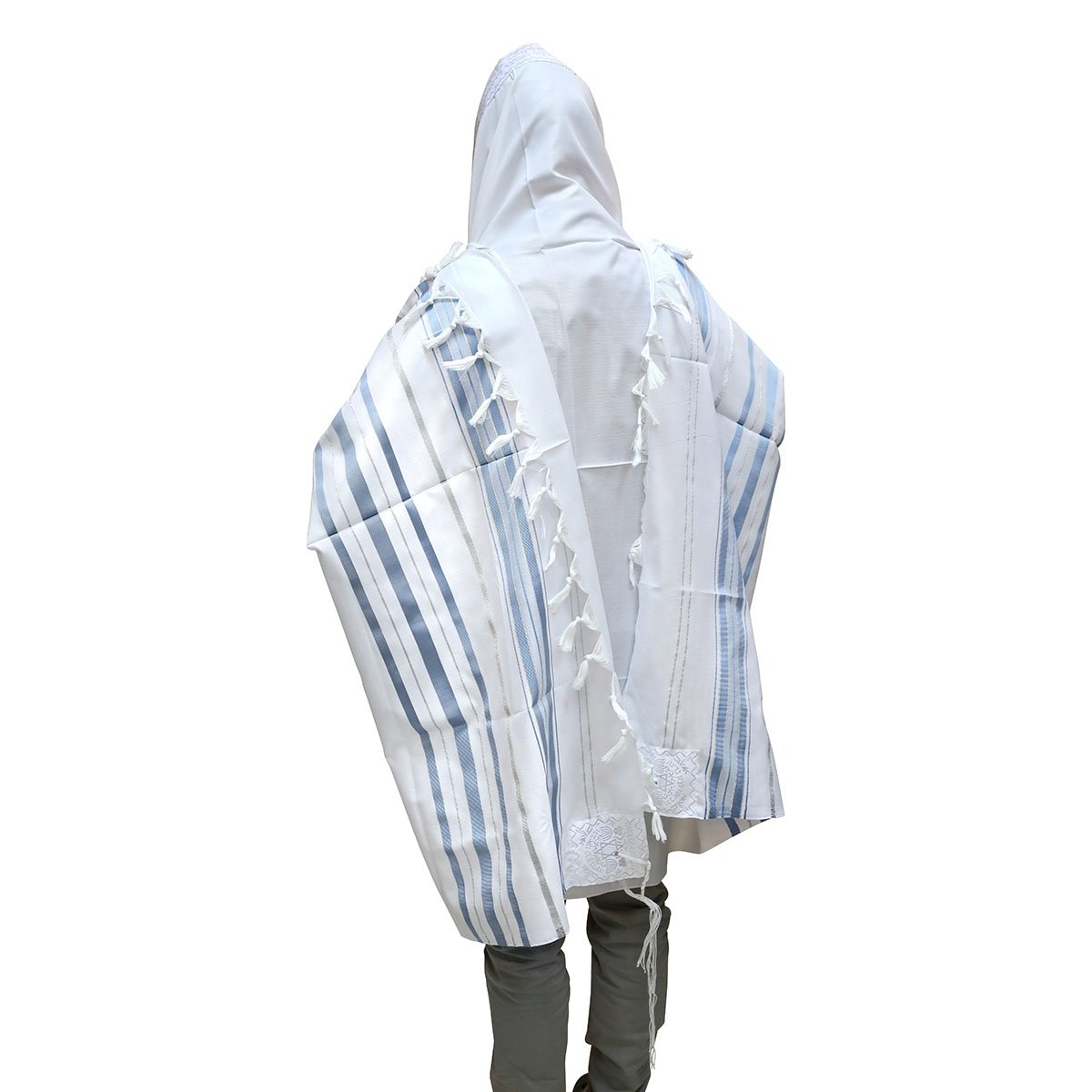 Talitnia Acrylic Wool Traditional Tallit Prayer Shawl (Light Blue and Silver Stripes) - 1
