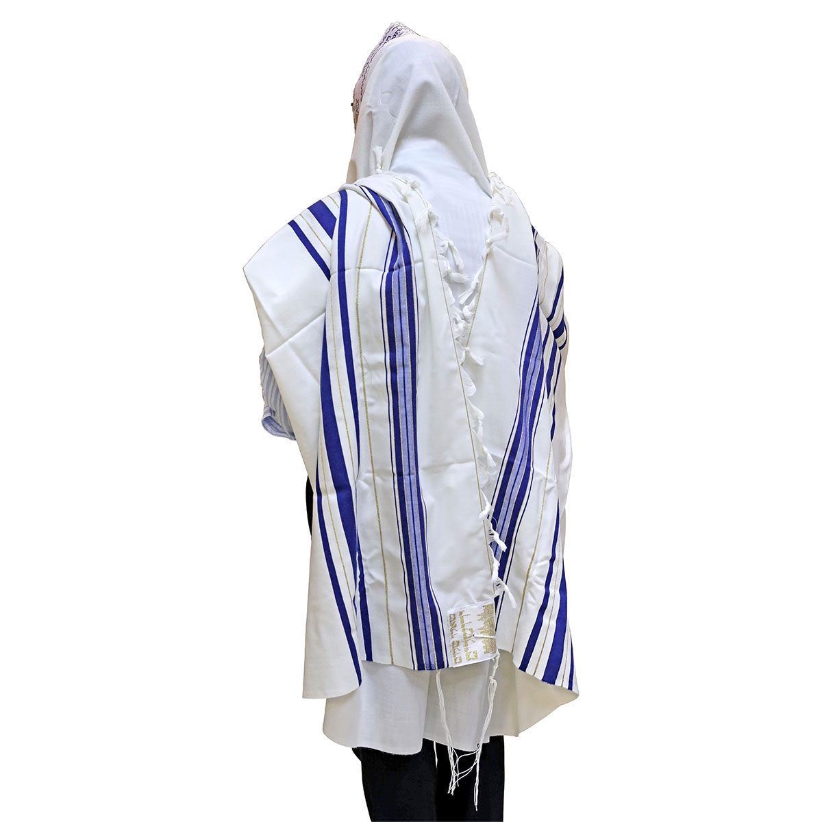 Traditional Pure Wool Tallit Prayer Shawl (Blue and Gold Stripes) - 1