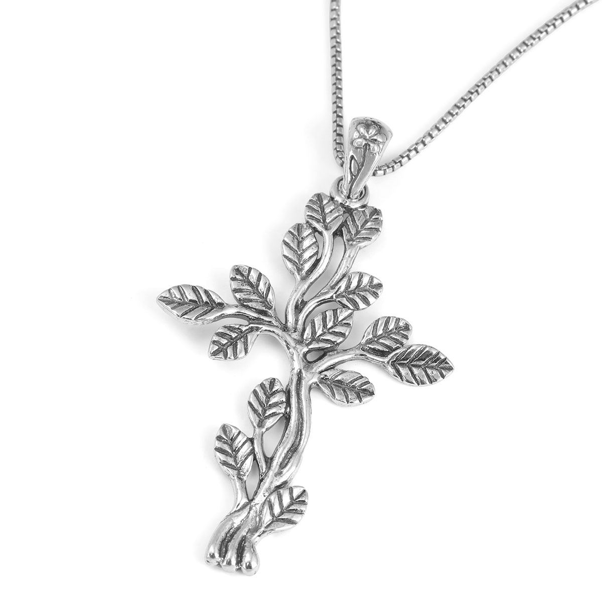 Sterling Silver Cross Necklace With Tree of Life Design - 1