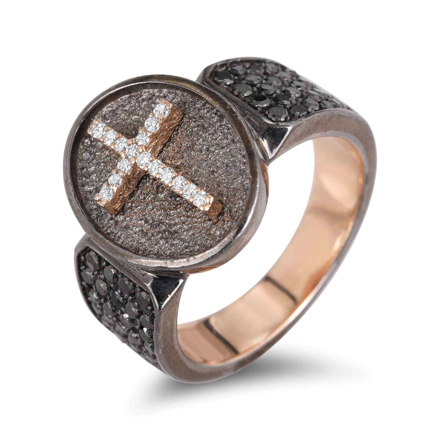 14K Red Gold Plated Black Rhodium Roman Cross Signet Ring with White and Black Diamonds - 2