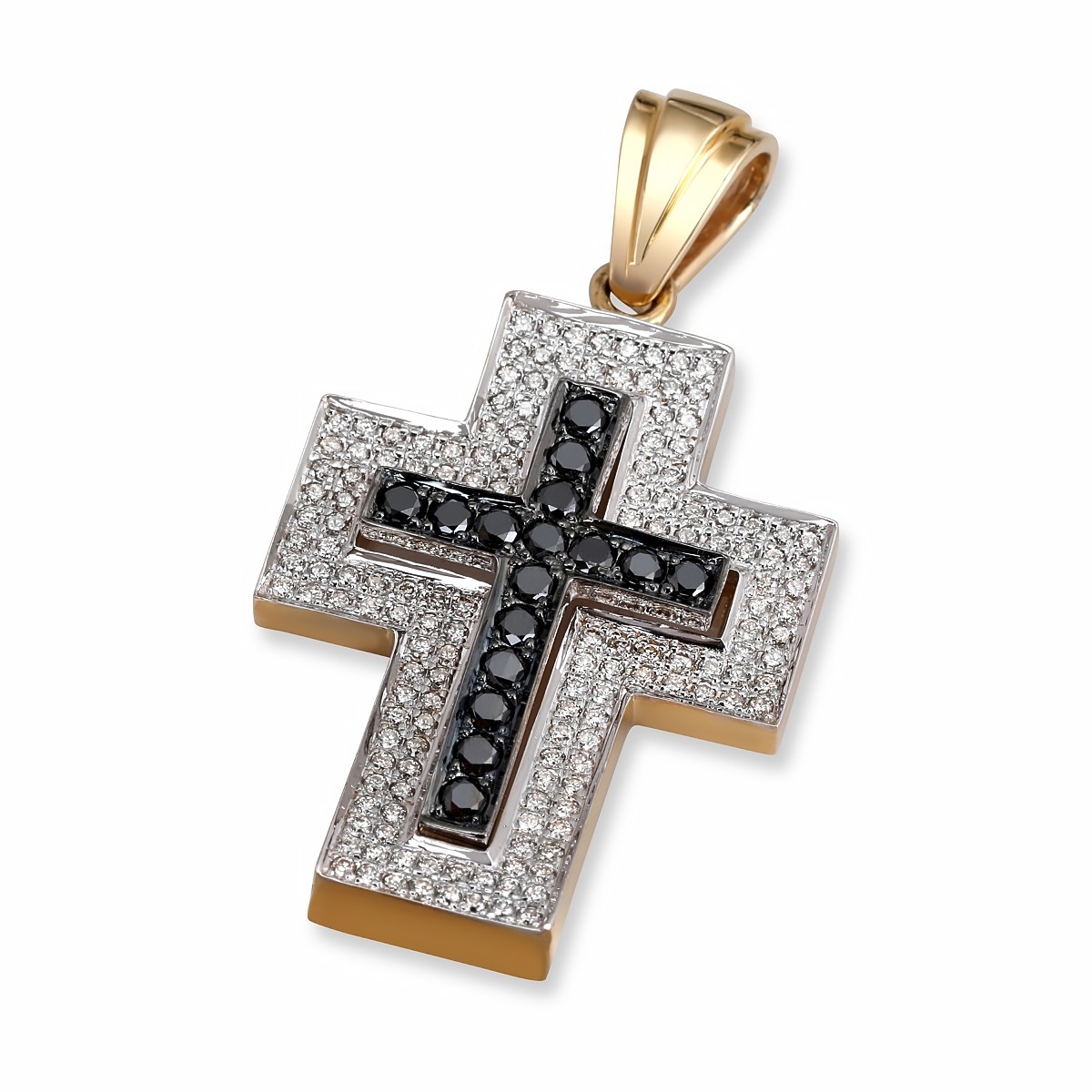 14K Gold Black & White Diamond Pavé Framed Roman Cross Pendant with 168 Diamonds - 1