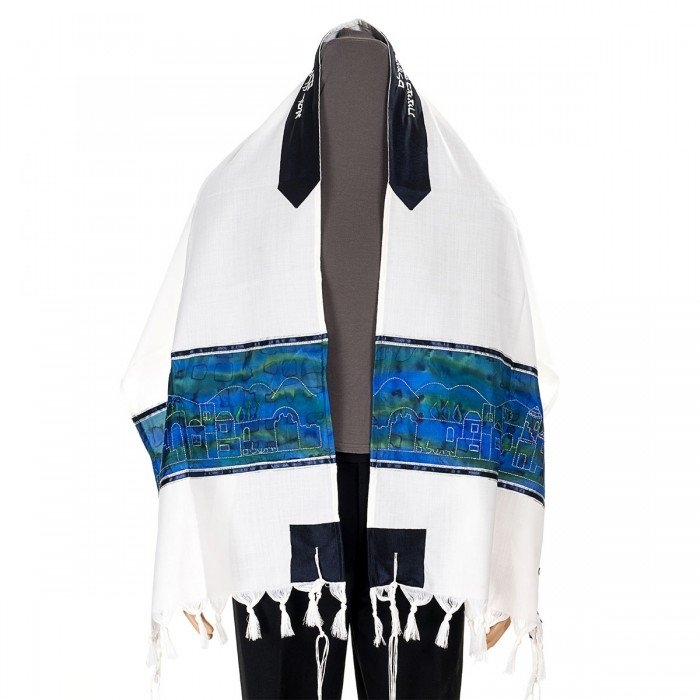 Galilee Silks Embroidered Wool Tallit With Jerusalem Design - 1