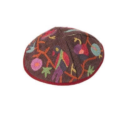Yair Emanuel Hand Embroidered Abstract Nature and Birds Cotton Kippah (Multicolored) - 1