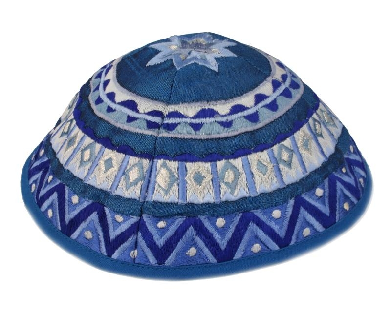 Yair Emanuel Embroidered Silk Kippah with Geometric Design (Blue) - 1