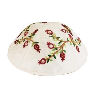 Yair Emanuel White Silk Embroidered Kippah with Pomegranates (Red) - 1