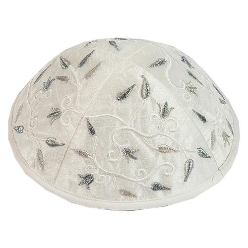 Yair Emanuel Embroidered Silk Kippah with Flower Design (White and Silver) - 1