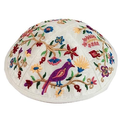 Yair Emanuel Embroidered Silk Kippah with Birds and Flowers (Multicolored) - 1