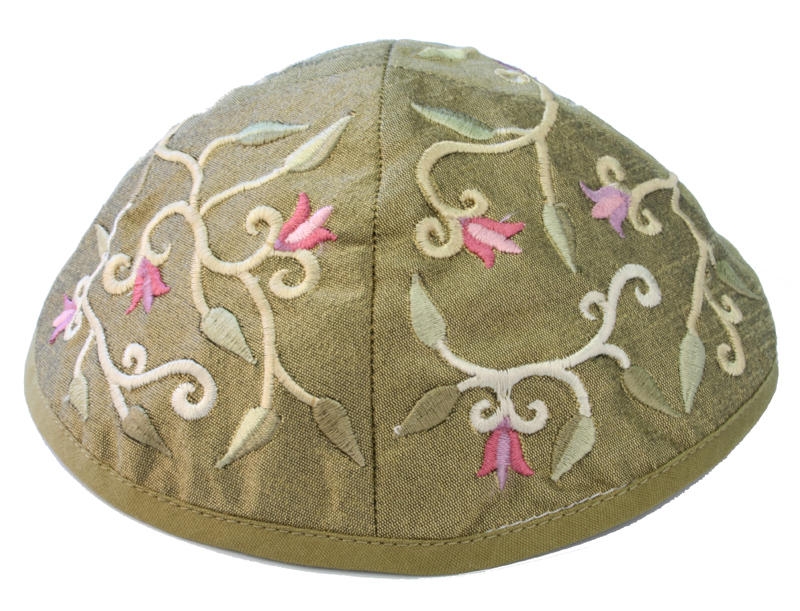Yair Emanuel Embroidered Silk Kippah with Flower Design (Olive Green) - 1