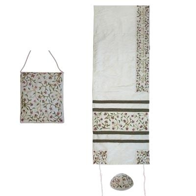 Yair Emanuel Poly Silk Floral Embroidered Prayer Shawl Set with Tallit Shoulder Bag (White) - 1