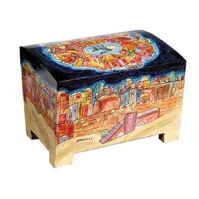 Yair Emanuel Hand-Painted Wood Etrog Box (Jerusalem at Night) - 1