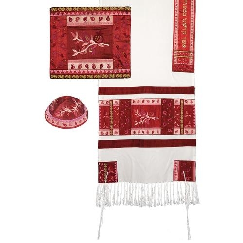 Yair Emanuel Raw Silk Embroidered Tallit Prayer Shawl Set with Pomegranate Design (Red and Pink) - 1