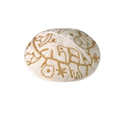 Yair Emanuel Hand Embroidered Abstract Nature and Birds Cotton Kippah (White and Gold) - 1