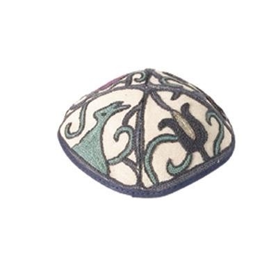 Yair Emanuel Hand Embroidered Abstract Nature Cotton Kippah (Green and Blue) - 1