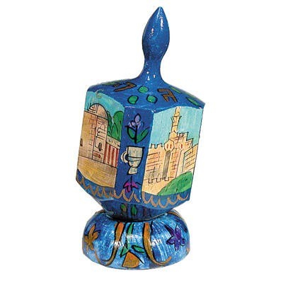 Yair Emanuel Large Hand Painted Old City Landmarks Wooden Dreidel with Stand - 1